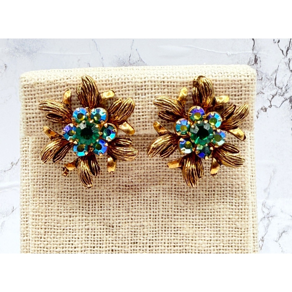 Gold Tone Flower Clip On Earrings Green Glass AB Rhinestones 1.25"